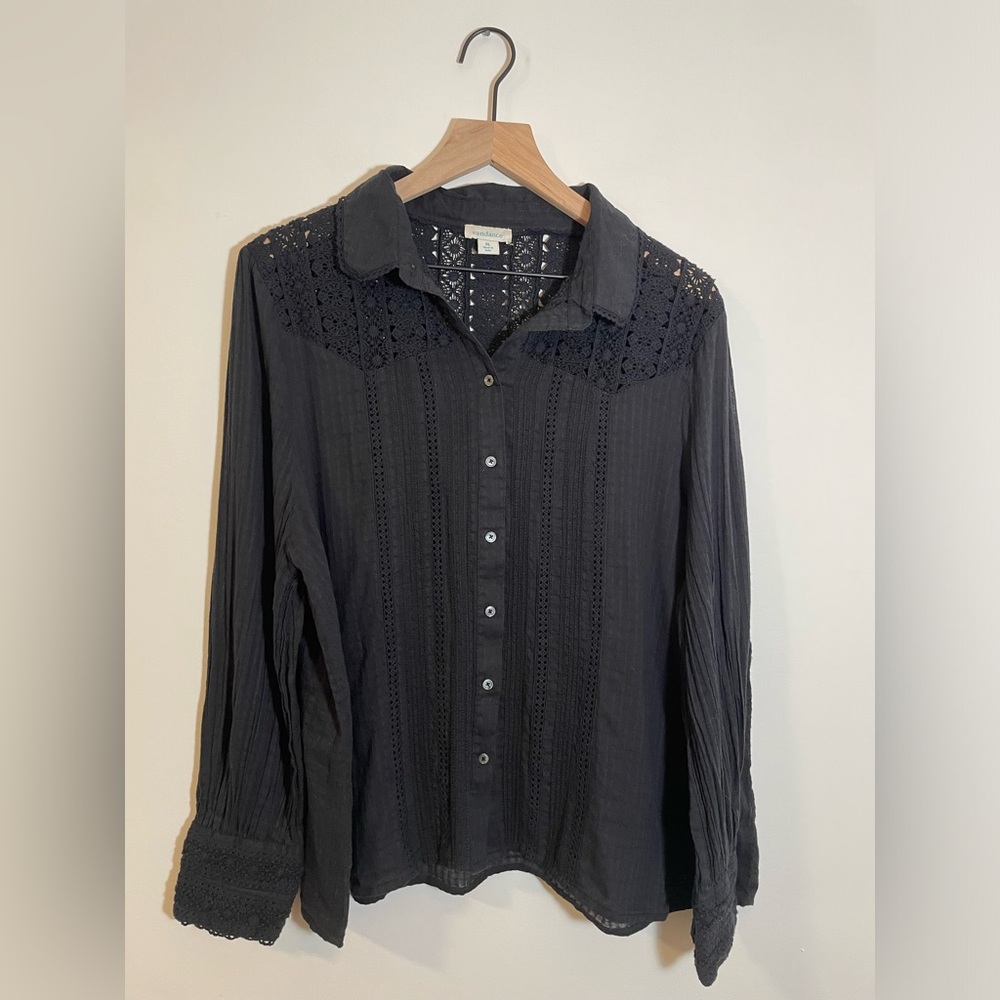 Sundance Black Embellished Button Down Shirt with Notched Collar